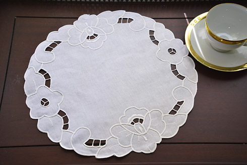 White Emerald Style Embroidered Round Doily 14" Round. 12 pieces - Click Image to Close
